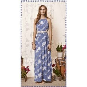 Tigerlily Las Dalias Blue Floral Maxi Dress Open Back Halter Women's size 2